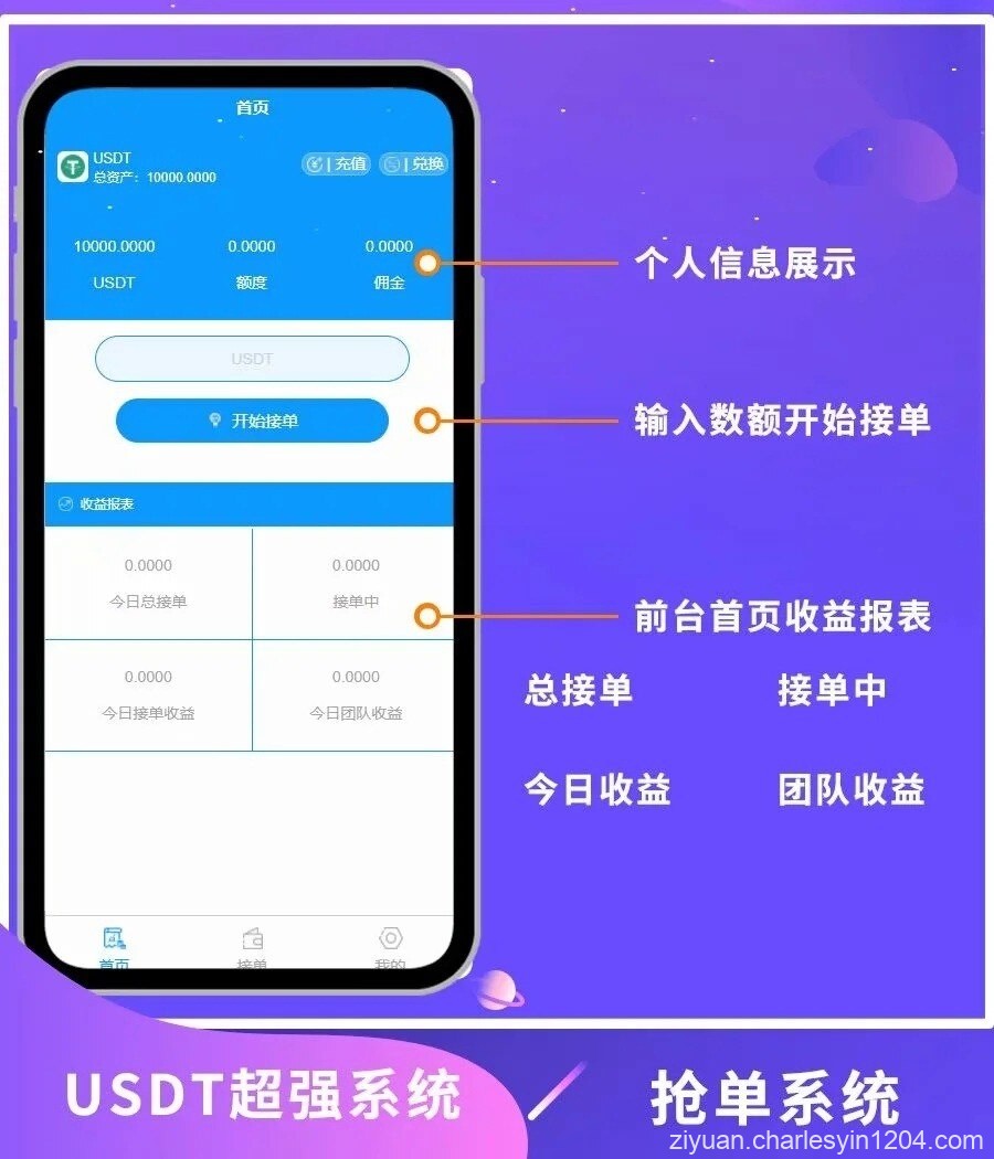 USDT虚拟货币/接单返利/抢单/金融投资理财直推分红源码 可封装APP